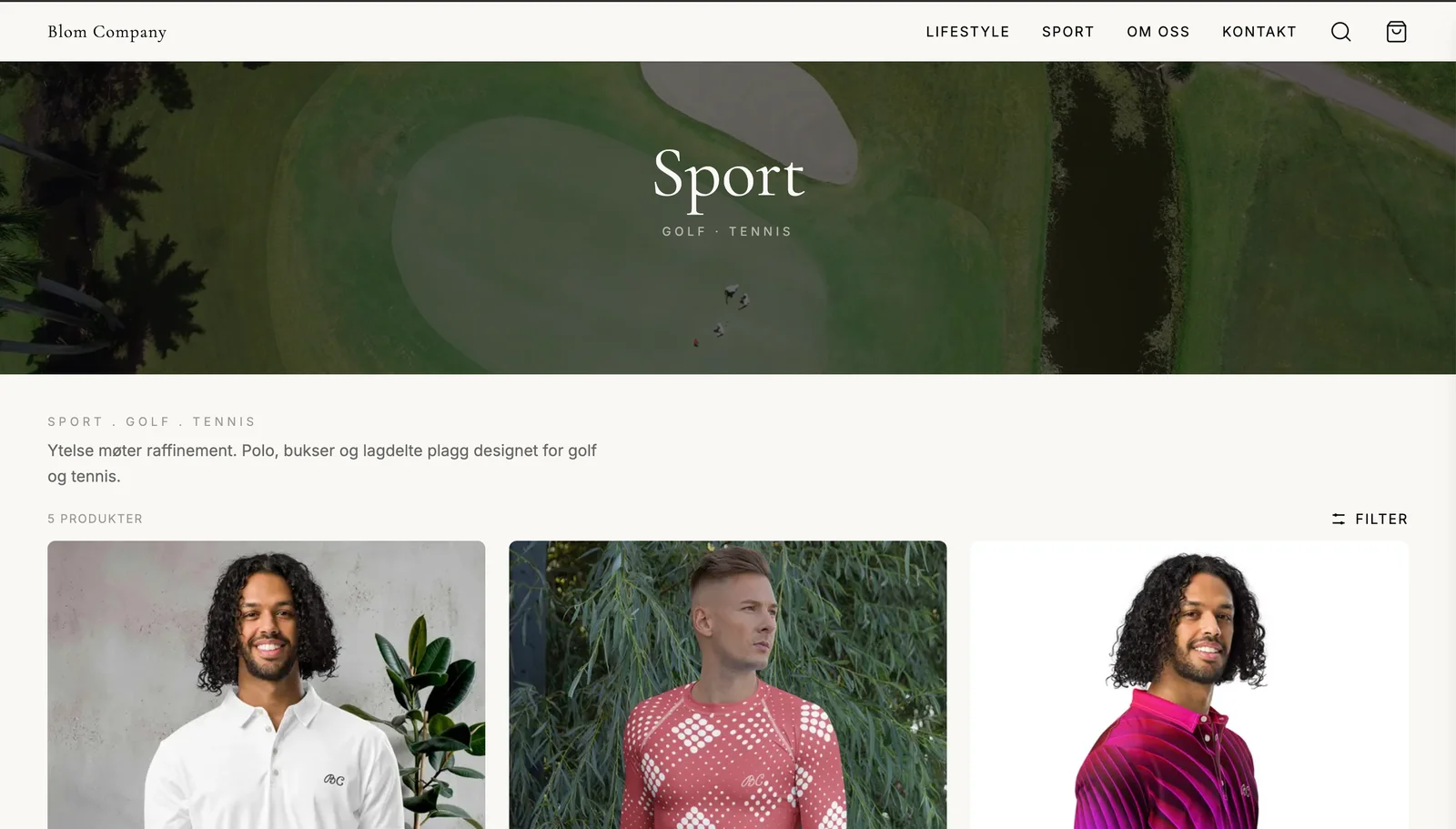 Skjermbilde av Blom Company nettbutikk med produktkolleksjon